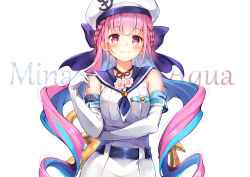 Rule 34 | 1girl, anchor symbol, belt, beret, black belt, blue bow, blue hair, blue sailor collar, blush, bow, braid, breasts, character name, closed mouth, dress, elbow gloves, flower, gloves, hair bow, hand up, hat, hololive, long hair, looking at viewer, medium breasts, minato aqua, multicolored hair, pilokey, pink hair, purple eyes, purple flower, sailor collar, sailor dress, simple background, sleeveless, sleeveless dress, smile, solo, twintails, two-tone hair, very long hair, virtual youtuber, white background, white dress, white gloves, white hat