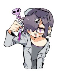 Rule 34 | 1boy, collarbone, earrings, eyewear on head, fang, hair ornament, hair over one eye, jewelry, lab coat, looking to the side, male focus, nail polish, neko 860, open mouth, original, purple eyes, purple hair, safety glasses, shirt, short hair, simple background, skull earrings, skull hair ornament, solo, stitches, trap, upper body, vial, white background