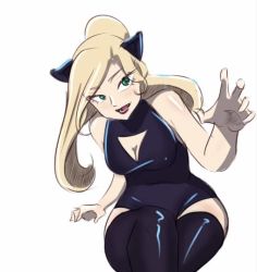 Rule 34 | 1girl, alternate costume, animal ears, arm up, art catnip, bare shoulders, black dress, black thighhighs, blonde hair, breasts, cat ears, cat girl, claw pose, cleavage, cleavage cutout, clothing cutout, dress, eyebrows, fangs, green eyes, haiba arisa, haikyuu!!, long hair, looking at viewer, medium breasts, open mouth, red lips, sketch, sleeveless, solo, thighhighs