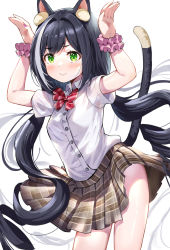 Rule 34 | 1girl, animal ear fluff, animal ears, arms up, black hair, blush, bow, bowtie, breasts, brown skirt, cat ears, cat girl, cat tail, commentary request, cowboy shot, green eyes, karyl (princess connect!), mikumo (lpmkookm), multicolored hair, pleated skirt, princess connect!, red bow, red bowtie, school uniform, scrunchie, shirt, simple background, skirt, small breasts, smile, solo, streaked hair, tail, upskirt, white background, white hair, white shirt, wrist scrunchie