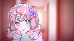 Rule 34 | 1boy, animal ears, blush, bow, facial tattoo, flower, gradient hair, hair bow, hair flower, hair ornament, hairclip, heterochromia, holding own ears, looking at viewer, multicolored hair, pink hair, rabbit boy, rabbit ears, shirybun (vtuber), sleeves past wrists, smile, solo, symbol-shaped pupils, tattoo, trap, virtual youtuber