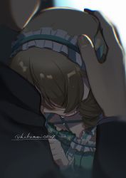 Rule 34 | 1boy, 1girl, backstage, covered eyes, crying, dress, formal, frilled hairband, frills, green dress, hairband, hand on another&#039;s head, head out of frame, headpat, highres, idol, idolmaster, idolmaster cinderella girls, leaning on person, morikubo nono, producer (idolmaster), ringlets, shisui (5830217), suit, teardrop, twitter username, upper body