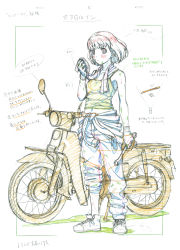 Rule 34 | 1girl, bare arms, clothes around waist, collarbone, commentary request, dirty, dirty face, fujii toshiro, gloves, highres, holding, holding wrench, honda super cub, jumpsuit, jumpsuit around waist, koguma (super cub), midriff peek, motor vehicle, motorcycle, navel, official art, pants, parted lips, production art, short hair, simple background, solo, standing, super cub, tank top, towel, towel around neck, traditional media, translation request, white background, wrench