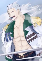 Rule 34 | 1boy, abs, alternate eye color, birthday, cigar, facial hair, highres, hiros1202 op, large pectorals, long sideburns, looking to the side, male focus, mature male, muscular, muscular male, one piece, pectoral cleavage, pectorals, short hair, sideburns, smoker (one piece), smoking, solo, stomach, stubble