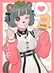 Rule 34 | &gt; o, 1boy, 1girl, ^^^, alternate costume, animal ears, animal nose, bald, belt, black bow, black eyes, blush, bob cut, border, bow, breasts, bright pupils, collared dress, commentary request, cowboy shot, dress, finger heart, grey hair, hair bow, hand up, hands up, heart, heart background, highres, jacket, jacket partially removed, large breasts, long sleeves, looking at viewer, mode aim, mukudori yodaka, multiple belts, multiple hair bows, o3o, one eye closed, open clothes, open jacket, outside border, peanuts-kun, pink border, pink jacket, pink nails, ponpoko (vtuber), projected inset, raccoon ears, raccoon girl, raccoon tail, raised eyebrows, short hair, sleeveless, sleeveless dress, solo focus, spoken heart, sweatdrop, tail, two side up, underbust, virtual youtuber, white background, white dress, white pupils, wince