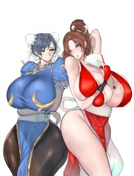 Rule 34 | 2girls, alternate breast size, black hair, black pantyhose, bracelet, breasts, brown hair, bun cover, capcom, capcom vs snk, chun-li, cleavage, crossover, double bun, fatal fury, female focus, hair bun, huge breasts, jewelry, long hair, multiple girls, one eye closed, pantyhose, pelvic curtain, ponytail, shiranui mai, spiked bracelet, spikes, standing, street fighter, thick thighs, thighs, wink, yellow eyes