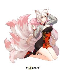 Rule 34 | 1girl, animal ear fluff, animal ears, armpits, black dress, blue eyes, breasts, cleavage, closers, dress, fox ears, fox tail, highres, kneeling, kyuubi, large breasts, long hair, long sleeves, looking at viewer, low twintails, multiple tails, nail polish, official art, parted lips, see-through, see-through sleeves, shoes, smile, solo, tail, thighs, twintails, white footwear, white hair, yuri seo