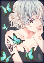 Rule 34 | 1girl, 2018, animal, artist name, breasts, bug, butterfly, butterfly tattoo, cleavage, closed mouth, collarbone, commentary request, ear piercing, earrings, fingernails, grey background, grey eyes, bug, jewelry, looking at viewer, medium breasts, nude, original, piercing, sheepd, silver hair, simple background, solo, tattoo, watermark