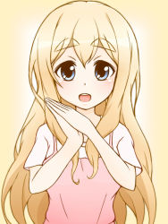 Rule 34 | 1girl, bad id, bad pixiv id, blonde hair, blue eyes, eyebrows, female focus, k-on!, kotobuki tsumugi, long hair, looking at viewer, own hands together, simple background, solo, upper body, yami 0228, yellow background