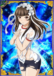 Rule 34 | 1girl, bike shorts, black shorts, blush, breasts, brown eyes, brown hair, card (medium), female focus, gym uniform, hairband, hands on own chest, ikkitousen, long hair, see-through, shiny skin, short sleeves, shorts, small breasts, solo, standing, ten&#039;i (ikkitousen), wardrobe malfunction, wet, wet clothes