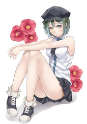 Rule 34 | 1girl, bare shoulders, blush, breasts, cabbie hat, camellia, floral background, flower, frown, full body, green hair, hat, highres, knees up, miniskirt, necktie, original, outstretched arms, own hands clasped, own hands together, panties, pantyshot, pleated skirt, ray-akila, shirt, shoes, short hair, simple background, sitting, skirt, sleeveless, sleeveless shirt, sneakers, socks, solo, tsubaki (ray-akila), underwear, upskirt, white background, white panties, yellow eyes