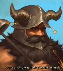 Rule 34 | 1boy, beard, dungeon meshi, dwarf, english text, facial hair, fake horns, helmet, highres, holding, holding ladle, horned helmet, horns, ladle, long beard, looking at viewer, male focus, muscular, muscular male, mustache, reda draws, senshi (dungeon meshi), serious, solo, sparkle, splatter, subtitled, thick eyebrows, thick mustache, upper body, very long beard