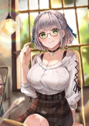 Rule 34 | 1girl, black-framed eyewear, black choker, black skirt, blue ribbon, braid, breasts, choker, cleavage, closed mouth, commentary request, cowboy shot, cross-laced clothes, cross-laced sleeves, glasses, green eyes, hair ribbon, hand up, highres, hololive, in-san, large breasts, light blush, long sleeves, one-piece swimsuit, plaid, plaid skirt, ribbed sweater, ribbon, ribbon-trimmed sleeves, ribbon trim, semi-rimless eyewear, shirogane noel, shirogane noel (casual), short hair, silver hair, sitting, skirt, smile, solo, sweater, swimsuit, virtual youtuber, white one-piece swimsuit, white sweater