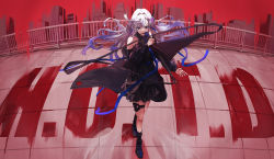 Rule 34 | 1girl, absurdres, arm at side, bare shoulders, black dress, blue eyes, blue hair, blue nails, blue ribbon, boots, breasts, copyright name, dress, earrings, feather hair ornament, feathers, fence, floating hair, full body, gradient hair, hair between eyes, hair ornament, highres, highschool of the dead, holding, holding microphone, huge filesize, jewelry, long hair, microphone, multicolored hair, nail polish, red pupils, red theme, ribbon, skyline, solo, standing, streaked hair, thigh strap, tsumeki, vesperbell, virtual youtuber, yomi (vesperbell)