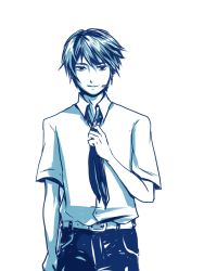 Rule 34 | 1boy, ataru (7noise), bad id, bad pixiv id, blue theme, kaito (vocaloid), looking at viewer, male focus, microphone, monochrome, necktie, shirt, solo, vocaloid