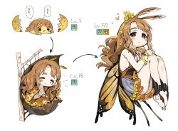 Rule 34 | 1girl, antennae, arthropod girl, barefoot, blush, branch, brown hair, bug, butterfly, butterfly wings, cocoon, egg, evolution, flower, frilled skirt, frills, hair flower, hair ornament, hatching, highres, idolmaster, idolmaster million live!, insect, insect wings, knees up, legs together, level up, long hair, looking at viewer, miyao miya, multiple views, nail polish, orange nails, own hands together, simple background, skirt, sleeping, spawnfoxy, thick eyebrows, wavy hair, white background, wings