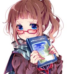 Rule 34 | 1girl, bad id, bad pixiv id, blue eyes, blue sailor collar, blue shirt, blush, book, brown cardigan, brown hair, cardigan, closed mouth, fingernails, glasses, green scarf, hands up, high ponytail, holding, holding book, long hair, long sleeves, looking at viewer, naoton, original, red-framed eyewear, red neckwear, sailor collar, scarf, school uniform, serafuku, shirt, side ponytail, simple background, sleeves past wrists, solo, striped clothes, striped scarf, vertical-striped clothes, vertical-striped scarf, white background