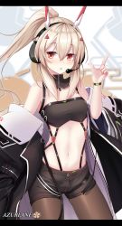 Rule 34 | 1girl, ayanami (azur lane), ayanami (rock &#039;n&#039; demon) (azur lane), azur lane, bandeau, bare shoulders, black coat, black shorts, breasts, brown hair, brown pantyhose, coat, commentary request, copyright name, cowboy shot, hair ornament, headgear, headphones, highres, index finger raised, letterboxed, long hair, long sleeves, looking at viewer, midriff, navel, off shoulder, open clothes, open coat, open fly, pantyhose, pantyhose under shorts, parted lips, ponytail, red eyes, risemu (c liesem), short shorts, shorts, small breasts, solo, standing