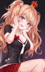 Rule 34 | 1girl, absurdres, bear hair ornament, black shirt, blonde hair, blue eyes, blush, bow, breasts, cleavage, collarbone, commentary request, crown, danganronpa (series), dark background, enoshima junko, fangs, hair ornament, highres, large breasts, long hair, looking at viewer, nail polish, necktie, pink hair, pink nails, pleated skirt, red bow, red skirt, school uniform, shirt, skirt, sleeves rolled up, smile, solo, spoilers, tokkyu, twintails