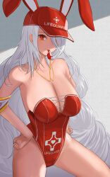 Rule 34 | 1girl, absurdly long hair, absurdres, animal ear headphones, animal ears, armband, azur lane, bare shoulders, breasts, cleavage, fake animal ears, hair over one eye, hand on own hip, headphones, highleg, highleg swimsuit, highres, holding, holding whistle, large breasts, lifeguard, long hair, mole on body, mouth hold, official alternate costume, one-piece swimsuit, prinz heinrich (azur lane), prinz heinrich (rabbit on watch) (azur lane), red eyes, red one-piece swimsuit, sankyo (821-scoville), solo, strapless, strapless one-piece swimsuit, swimsuit, very long hair, whistle, white hair