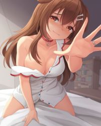 Rule 34 | 1girl, animal collar, animal ears, breasts, brown eyes, brown hair, cartoon bone, cleavage, collar, dog ears, dog girl, dress, highres, hololive, inugami korone, jewelry, meemo, no bra, off shoulder, partially unbuttoned, partially undressed, red collar, ring, solo focus, virtual youtuber