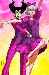 Rule 34 | 1boy, 1girl, aged down, bad id, bad pixiv id, bow, claude frollo, colored sclera, colored skin, contemporary, crossdressing, crossover, dancing, fake horns, green eyes, green skin, grey hair, hair bow, hands on another&#039;s hips, high heels, horned headwear, horns, leg lift, maleficent, marimo (yousei ranbu), one man&#039;s dream ii, open mouth, puffy sleeves, pumps, purple theme, short hair, sleeping beauty, the hunchback of notre dame, yellow sclera
