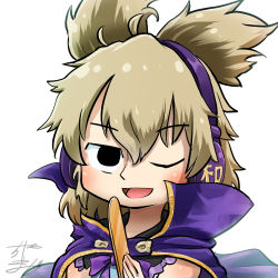 Rule 34 | 1girl, profile picture, blonde hair, bow, bowtie, cape, chamaji, commentary, hair between eyes, headphones, looking at viewer, lowres, one eye closed, open mouth, pointy hair, purple cape, ritual baton, shirt, short hair, signature, sleeveless, sleeveless shirt, smile, solo, touhou, toyosatomimi no miko, upper body, white background