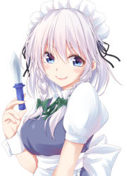 Rule 34 | 1girl, apron, bad id, bad pixiv id, black ribbon, blue dress, blue eyes, blush, bow, braid, breasts, commentary request, dress, green bow, green ribbon, hair between eyes, hair bow, hair ribbon, hand up, hisae (hisae collect), holding, holding knife, holding weapon, izayoi sakuya, knife, looking at viewer, maid, maid apron, maid headdress, medium breasts, neck ribbon, pink lips, puffy short sleeves, puffy sleeves, ribbon, shirt, short hair, short sleeves, silver hair, simple background, smile, solo, touhou, twin braids, upper body, waist apron, weapon, white apron, white background, white shirt, wing collar, wrist cuffs