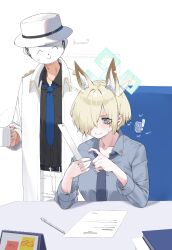 Rule 34 | !, 1boy, 1girl, afterimage, animal ears, black shirt, blonde hair, blue archive, blue eyes, blue halo, blue necktie, blue shirt, blue skirt, book, breasts, chair, coat, collarbone, collared shirt, cup, dog ears, doodle sensei (blue archive), ear wiggle, extra ears, hair over one eye, halo, hat, highres, holding, holding cup, holding ruler, kanna (blue archive), large breasts, lonklink, loose necktie, measuring, mug, necktie, pants, pen spinning, penis measuring, ruler, sensei (blue archive), shirt, short hair, sitting, skirt, sweatdrop, table, white coat, white hat, white pants