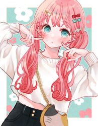 Rule 34 | 1girl, animal bag, bag, blue eyes, blue nails, blush, bow, cat bag, cat hair ornament, cropped sweater, flower, ginniroya, hair bow, hair flower, hair ornament, highres, long hair, original, pink hair, pout, shoulder bag, solo, sweater, twintails, white sweater