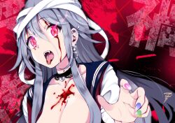 Rule 34 | 1girl, bandaged head, bandages, black collar, blood, blood from mouth, blood on breasts, bloody tears, breasts, cleavage, collar, commentary request, ear piercing, earrings, fangs, glowing, glowing eyes, green nails, grey hair, jewelry, large breasts, lock, long hair, multicolored nails, open clothes, open mouth, open shirt, original, piercing, pink eyes, pink nails, purple nails, red background, safety pin, school uniform, serafuku, signature, solo, tongue, tongue out, upper body, yamasaki wataru, yellow nails