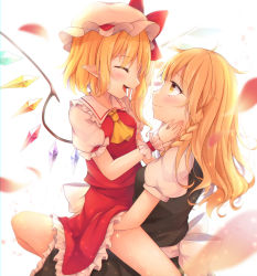 Rule 34 | 2girls, absurdres, apron, ascot, bare legs, black dress, blonde hair, blush, bow, braid, closed eyes, commentary request, crystal, curly hair, dress, facing another, fang, flandre scarlet, frilled dress, frilled skirt, frills, hand on another&#039;s cheek, hand on another&#039;s face, hand on another&#039;s hip, hand under clothes, happy, hat, hat ribbon, highres, hug, kirisame marisa, long hair, looking at another, medium hair, miy@, mob cap, multiple girls, open mouth, petals, pointy ears, puffy short sleeves, puffy sleeves, red ribbon, red skirt, red vest, ribbon, shirt, short sleeves, side ponytail, single braid, sitting, sitting on lap, sitting on person, skirt, smile, thighs, touhou, vampire, vest, waist apron, white apron, white bow, white shirt, wings, yellow ascot, yellow eyes, yuri