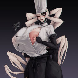 Rule 34 | 1girl, apron, arthropod limbs, artist name, black gloves, blood, blood from mouth, bloody tears, breasts, chainsaw man, chef hat, clothes pull, curvy, elbow gloves, extra arms, facing viewer, falling devil (chainsaw man), flat top chef hat, gigantic breasts, gloves, gradient background, hair bun, hat, highres, holding head, lactation, lactation through clothes, large areolae, nipple slip, nipples, nosebleed, open mouth, severed head, shirt pull, smile, solo, waist apron, wide hips, zer0.zer0