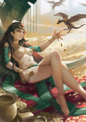 Rule 34 | 1girl, anklet, barefoot, black hair, bracelet, bracer, breasts, breasts apart, chalice, circlet, coin, crossed legs, cuffs, cup, detached sleeves, dragon, gold, gorget, hair ornament, hengct, holding, holding cup, jewelry, lips, loincloth, long hair, looking at another, mini dragon, necklace, original, outstretched hand, pasties, reclining, red eyes, revealing clothes, sitting, solo, treasure