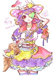 Rule 34 | 1girl, :o, absurdres, artist name, badge, belt, blonde hair, blue bow, bow, breasts, broom, button badge, choker, collared shirt, covering one eye, dated, earrings, frilled shirt collar, frilled skirt, frills, gradient eyes, hanasaki doraco, hat, heart, heart earrings, highres, holding, holding broom, jewelry, large breasts, layered skirt, medium hair, multicolored eyes, multicolored hair, multicolored shirt, one eye covered, pink bow, pointy ears, puffy short sleeves, puffy sleeves, purple bow, purple hair, purple ribbon, purple skirt, purple sleeves, red eyes, red hair, ribbon, shirt, short sleeves, signature, skirt, star (symbol), thick eyelashes, traditional media, wavy hair, white background, white bow, white headwear, witch, witch hat, yellow bow, yellow choker