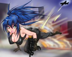 Rule 34 | 1girl, attack, blue hair, breasts, female focus, full body, gloves, green eyes, large breasts, leona heidern, military, military uniform, open mouth, outdoors, ponytail, sky, snk, solo, the king of fighters, uniform, weapon