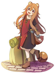 Rule 34 | 1girl, :d, animal ear fluff, animal ears, ao ringo (nn aa), ball, black dress, blush, boots, brown eyes, brown footwear, brown hair, collar, collarbone, commentary request, dress, full body, hair between eyes, highres, long hair, long sleeves, looking at viewer, open mouth, partial commentary, raccoon ears, raccoon girl, raccoon tail, raphtalia, scabbard, sheath, sheathed, short dress, short sleeves, short sword, sidelocks, simple background, smile, solo, standing, standing on one leg, sword, tail, tate no yuusha no nariagari, very long hair, weapon, white background, wrist cuffs