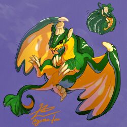Rule 34 | animal focus, artist name, claws, curled up, dragon, full body, green eyes, highres, looking at viewer, multiple views, no humans, original, pumpkin, purple background, signature, simple background, tail, tongue, tongue out, twitter username, wings, yamamura le