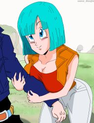 Rule 34 | 1boy, 1girl, age difference, breasts, bulma, dragon ball, dragonball z, embarrassed, flirting, highres, large breasts, trunks (dragon ball), xeno doujin