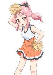Rule 34 | 1girl, absurdres, anima yell!, arm up, bare shoulders, blush, breasts, cheerleader, collarbone, dot nose, female focus, hatoya kohane, highres, holding, holding pom poms, legs, long hair, looking at viewer, open mouth, pink eyes, pink hair, pom pom (cheerleading), pom pom (clothes), pom poms, ponytail, simple background, small breasts, solo, standing, warukusu, white background