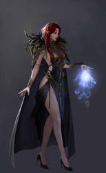 Rule 34 | 1girl, absurdres, backlighting, bare legs, bare shoulders, black dress, black footwear, breasts, cape, chain, closed mouth, commentary, drawing, dress, elf, english commentary, forehead, full body, glowing, gold trim, gradient background, high heels, highres, horns, legs apart, long dress, long hair, orb, original, pointy ears, pointy nose, red hair, red lips, simple background, solo, thighs, witch, zhincy
