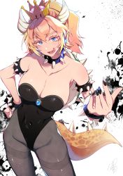 Rule 34 | armlet, armpits, bare shoulders, blonde hair, blue eyes, blue gemstone, bowsette, bracelet, breasts, collar, colored eyelashes, cowboy shot, crown, fingernails, foreshortening, gem, grey pantyhose, head tilt, highleg, highres, horns, jewelry, large breasts, leaning to the side, leotard, long fingernails, mario (series), nail polish, new super mario bros. u deluxe, nintendo, pantyhose, parted bangs, pochi (pochi-goya), pointy ears, ponytail, solo, spiked armlet, spiked bracelet, spikes, standing, super crown, thick eyebrows, white background