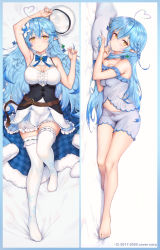 Rule 34 | 1girl, :o, ahoge, bare shoulders, barefoot, blue hair, blue nails, border, breasts, cleavage, cleavage cutout, clothing cutout, dakimakura (medium), elf, half updo, haoni, hat, heart, heart ahoge, heart hair, highres, hololive, large breasts, light blush, long hair, looking at viewer, lying, multiple views, nail polish, navel, official art, on back, on side, pillow, pointy ears, skindentation, sleepwear, smile, thighhighs, very long hair, virtual youtuber, watermark, yukihana lamy