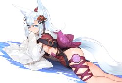 Rule 34 | 10s, 1girl, animal ears, blue eyes, blush, bow, breasts, comb, erune, fox ears, fox tail, ganesagi, granblue fantasy, hair ornament, half updo, hand to own mouth, long hair, looking at viewer, lying, on stomach, ponytail, sideboob, silver hair, simple background, societte (granblue fantasy), solo, tail, thigh strap, white background