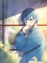 Rule 34 | 1girl, absurdres, blue eyes, blue hair, blurry, blush, clothes writing, covering own mouth, day, denim, denim jacket, earrings, from side, hand over own mouth, hand up, highres, hoop earrings, isana615, jacket, jewelry, kiritani haruka, long sleeves, looking at viewer, project sekai, shade, short hair, smile, solo, storefront, upper body