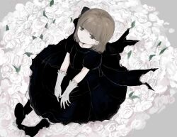 Rule 34 | 1girl, alternate costume, black bow, black dress, black footwear, boots, bow, brown eyes, brown hair, circle skirt, closed mouth, commentary request, dress, expressionless, flower, flower bed, from above, full body, grey background, hair bow, half-closed eyes, hands on lap, hatoba tsugu, jitome, limited palette, looking at viewer, looking up, matching hair/eyes, medium hair, muted color, outstretched legs, puffy short sleeves, puffy sleeves, rokka seira, rose, short sleeves, sitting, solo, tsugu (vtuber), virtual youtuber, white flower, white rose