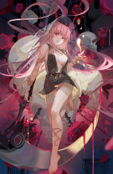 Rule 34 | 1girl, absurdres, akizero1510, barefoot, black dress, black nails, bracelet, breasts, dress, floating hair, flower, full body, highres, holding, holding scythe, hololive, hololive english, jewelry, large breasts, long hair, looking at viewer, mori calliope, nail polish, no bra, panties, parted lips, petals, pink hair, pink panties, red eyes, red flower, red rose, rose, scythe, see-through, skull, sleeveless, sleeveless dress, smile, solo, tiara, underwear, veil, very long hair, virtual youtuber