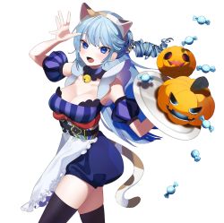 Rule 34 | 1girl, :d, animal costume, animal ears, apron, bell, blue eyes, blue hair, breasts, calico, candy, cat costume, cat ears, cat tail, choker, cleavage, detached sleeves, drill hair, fake animal ears, fake tail, fang, food, hairband, halloween, hand up, holding, holding tray, indie virtual youtuber, jack-o&#039;-lantern, koe 01 03, large breasts, long hair, looking at viewer, neck bell, open mouth, puff and slash sleeves, puffy sleeves, pumpkin, scrunchie, short sleeves, shorts, smile, solo, tail, thighhighs, tray, trick or treat, tsubakino comachi, underbust, very long hair, virtual youtuber, waist apron, wrapped candy