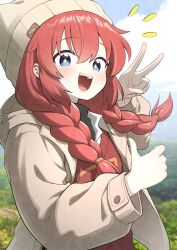 Rule 34 | 1girl, :d, absurdres, beanie, blue archive, blue eyes, blush, braid, coat, golmonggu, hat, highres, long hair, long sleeves, looking at viewer, maki (blue archive), maki (camp) (blue archive), official alternate costume, open mouth, outdoors, red hair, red sweater, shirt, smile, solo, sweater, teeth, twin braids, upper teeth only, v, white coat, white hat, white shirt