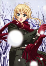 Rule 34 | 00s, 1girl, absurdres, alternate costume, artoria pendragon (all), artoria pendragon (fate), bare tree, blonde hair, day, fate/stay night, fate (series), forest, gloves, green eyes, hair ribbon, highres, nakajima atsuko, nature, open mouth, outdoors, red gloves, red scarf, ribbon, saber (fate), scarf, smile, snow, snowing, solo, tree, winter